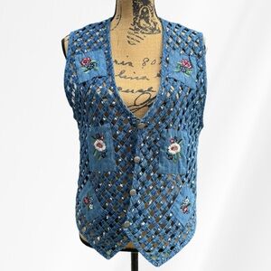 Vintage Embroidered Lattice Blue Denim Vest - Women Jackets & Coats Medium